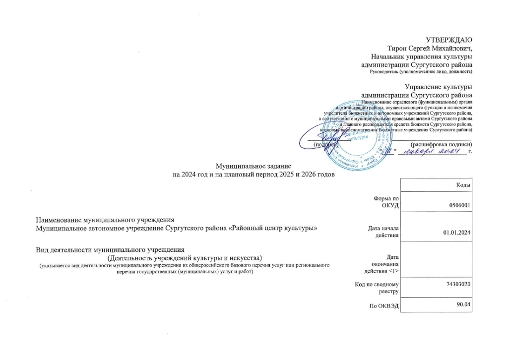 Муниципальное задание на 2024 год и на плановый период 2025 и 2026 годов